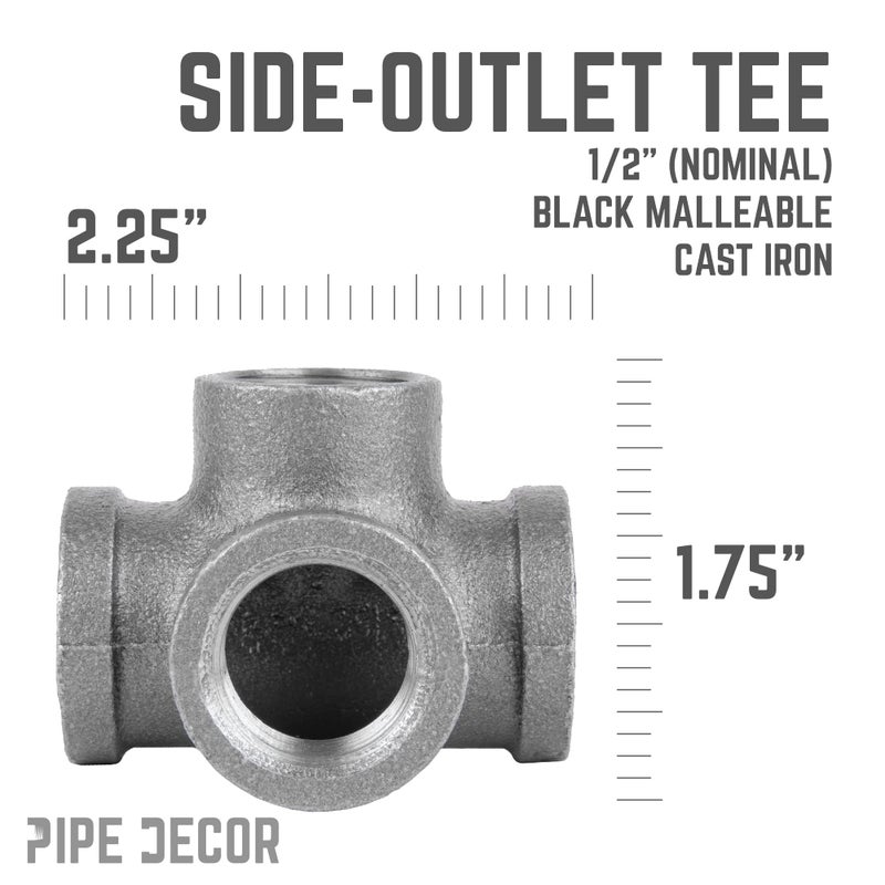 PIPE DECOR 1/2" Side Outlet Tee Fitting, PIPE DECOR Black Malleable Iron Fittings Fit Standard 1/2 Inch Pipes, Nipples and Fittings, Regular Plumbing Applications and Vintage DIY Furniture, 8 Pack - Image 3